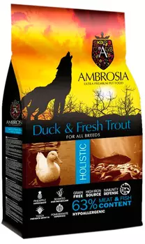 Ambrosia Dog Adult Duck &amp; Fresh Trout беззерновой для взрослых собак всех пород с уткой и форелью (12 кг)