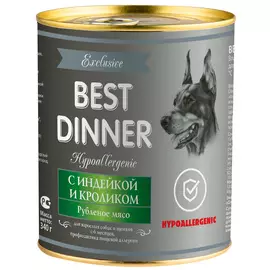 Best Dinner Exclusive Hypoallergenic для собак и щенков при пищевой аллергии с индейкой и кроликом (340 гр х 12 шт)