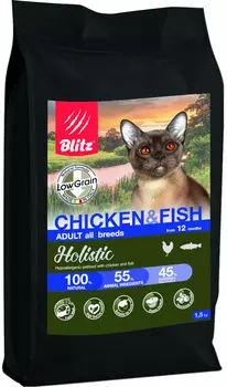 Blitz Holistic Low-grain Adult Cat Chicken &amp; Fish низкозерновой для взрослых кошек всех пород с курицей и рыбой (1,5 + 1,5 кг)