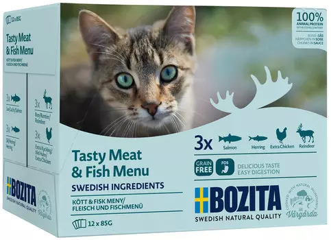 Bozita Multibox Meat &amp; Fish In Sauce для взрослых кошек мультибокс мясной и рыбный микс в соусе 85 гр х 12 шт (1 шт)
