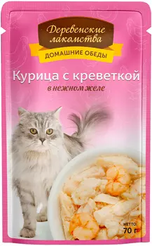 деревенские лакомства домашние обеды для взрослых кошек с курицей и креветкой в нежном желе (70 гр х 12 шт)