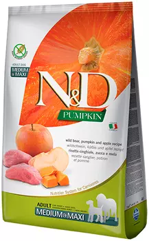 Farmina Dog N&amp;d Grain Free Pumpkin Adult Medium &amp; Maxi Boar &amp; Apple беззерновой для взрослых собак средних и крупных пород с кабаном, яблоком и тыквой (12 кг)