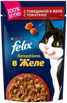 Felix Sensations для взрослых кошек с говядиной в желе с томатами (85 гр х 24 шт)