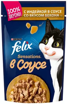 Felix Sensations для взрослых кошек с индейкой в соусе с беконом (85 гр х 24 шт)