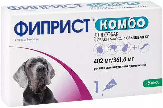 фиприст комбо – капли для собак весом от 40 до 60 кг против клещей, блох, вшей и власоедов 1 пипетка по 4,02 мл Krka (1 пипетка)