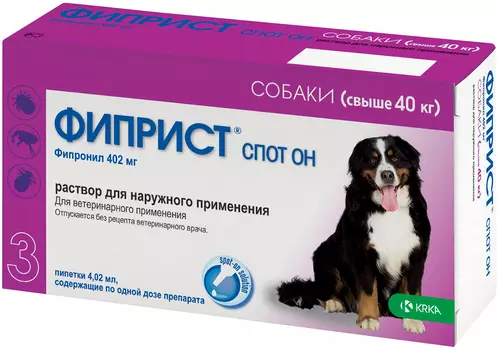 фиприст спот он – капли для собак весом более 40 кг против клещей, блох, вшей и власоедов 1 пипетка по 4,02 мл Krka (1 уп)