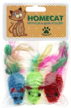 Игрушка для кошек Homecat Мышка разноцветная с пером и погремушкой 6 см уп. 3 шт (1 шт)