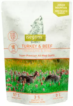 Isegrim Roots Junior Mountain беззерновые для щенков с индейкой и говядиной (410 гр х 7 шт)