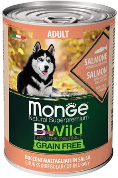 Monge Bwild Adult Dog Grainfree беззерновые для взрослых собак с лососем, тыквой и кабачками (400 гр х 24 шт)