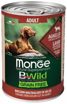 Monge Bwild Adult Dog Grainfree беззерновые для взрослых собак с ягненком, тыквой и кабачками (400 гр х 24 шт)