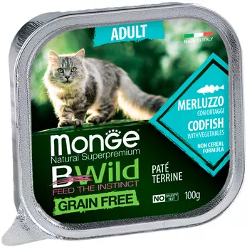 Monge Bwild Grain Free Adult Cat беззерновые для взрослых кошек с треской и овощами (100 гр х 32 шт)