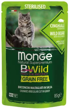 Monge Bwild Grain Free Cat Sterilised беззерновые взрослых кастрированных котов и стерилизованных кошек с мясом дикого кабана и овощами в соусе (85 гр х 28 шт)