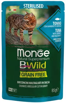 Monge Bwild Grain Free Cat Sterilised беззерновые взрослых кастрированных котов и стерилизованных кошек с тунцом, креветками и овощами в соусе (85 гр х 28 шт)