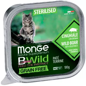 Monge Bwild Grain Free Cat Sterilised беззерновые для взрослых кастрированных котов и стерилизованных кошек с кабаном и овощами (100 гр х 32 шт)