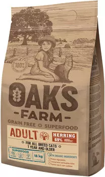 Oak's Farm Grain Free Herring Adult Cat беззерновой для взрослых кошек с сельдью (6 кг)