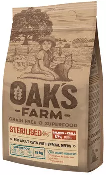 Oak's Farm Grain Free Salmon &amp; Krill Sterilised Adult Cat беззерновой для взрослых кастрированных котов и стерилизованных кошек с лососем и крилем (6 кг)