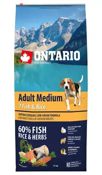 Ontario Dog Adult Medium 7 Fish &amp; Rice низкозерновой для взрослых собак средних пород с 7 видами рыб и рисом (0,75 кг)