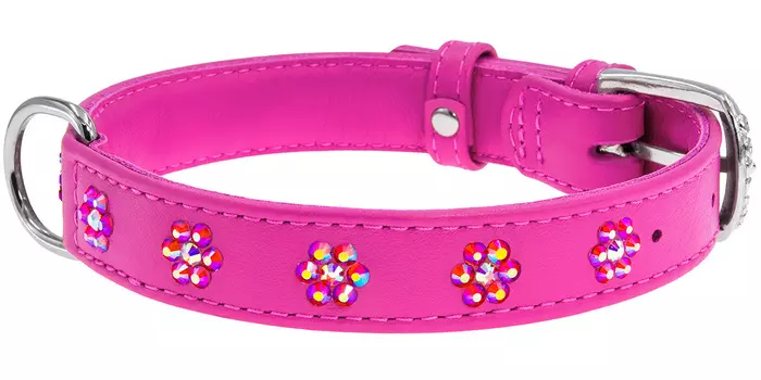Ошейник кожаный для собак с клеевыми стразами Цветочек розовый 15 мм 27 – 36 см Collar WauDog Glamour (1 шт)