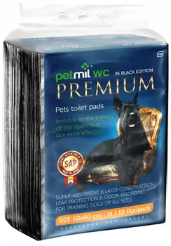 Пеленки впитывающие для животных с суперабсорбентом черные Petmil 60 х 60 см 10 шт (1 шт)