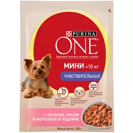 Purina One мини чувствительная для взрослых собак маленьких пород с лососем, рисом и морковью в подливе (100 гр х 24 шт)
