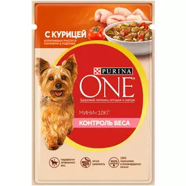 Purina One мини контроль веса для взрослых собак маленьких пород с курицей, рисом и томатами в подливе (85 гр х 26 шт)