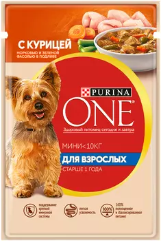 Purina One мини взрослая для взрослых собак маленьких пород с курицей, морковью и зеленой фасолью в подливе (100 гр х 24 шт)
