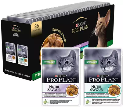 Purina Pro Plan Cat Sterilised набор паучей для взрослых и кастрированных котов и стерилизованных кошек c индейкой и рыбой в желе (85 гр х 36 шт)