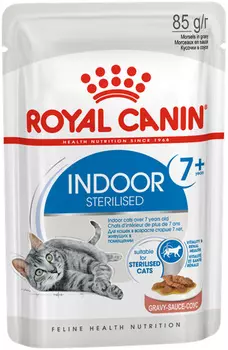 Royal Canin Indoor Sterilised 7+ для пожилых кастрированных котов и стерилизованных кошек живущих дома в соусе (85 гр х 12 шт)