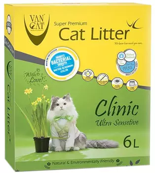 Van Cat Clinic Ultra Sensitive наполнитель комкующийся для туалета кошек с антибактериальным эффектом коробка (5,1 кг)