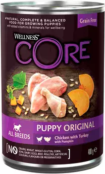 Wellness Core Dog беззерновые для щенков с курицей, индейкой и тыквой (400 гр х 6 шт)