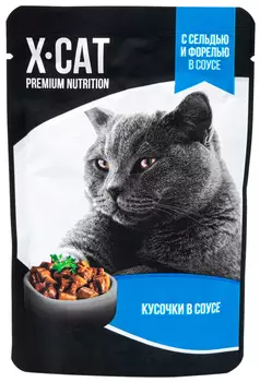 X-cat для взрослых кошек с сельдью и форелью в соусе (85 гр х 24 шт)