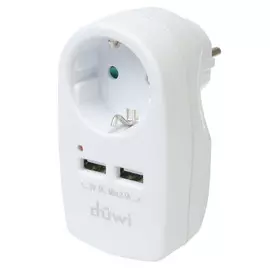 адаптер розеточный 1 гнездо + 2 USB порта DUWI 16A c/з белый