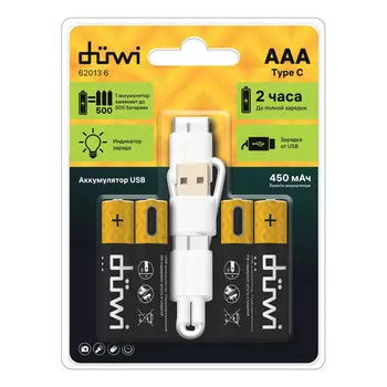аккумуляторы DUWI USB-С Li-ion ААА 1,5В 450мАч кабель для зарядки 4шт