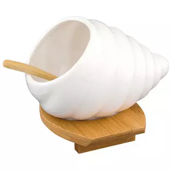 банка Ракушка 260мл 15,5х12,5х12см для соли с ложкой на подставке фарфор, бамбук