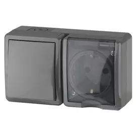 блок 1-клавишный выключатель и розетка ЭРА Эксперт IP54 с/з серый