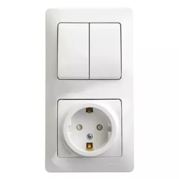 блок 2-клавишный выключатель и розетка SCHNEIDER ELECTRIC Glossa c/з белый