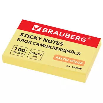 блок самоклеящийся BRAUBERG Пастельный 76х51мм 100л желтый