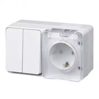 блок выключатель 2-клавишный и розетка с/з с/ш Atlas Design Profi54 горизонтальный белый