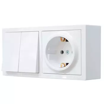 блок выключатель 2-клавишный и розетка с/з LEZARD Leto белый