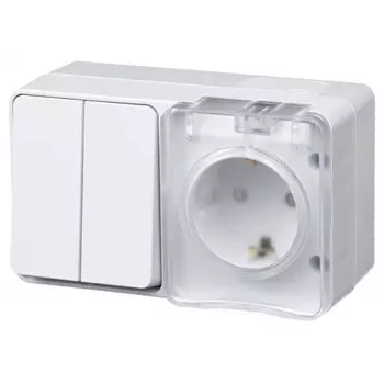 блок выключатель 2-клавишный и розетка с/з с/ш Atlas Design Profi54 горизонтальный белый