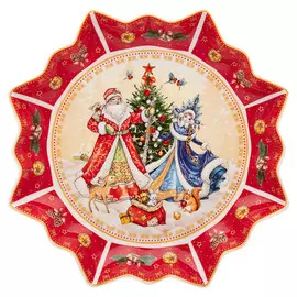 блюдо LEFARD Дед мороз и снегурочка 26см круглое фарфор красное