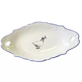 блюдо Рококо Гуси овальное 26х14 см, фарфоровое с ручками