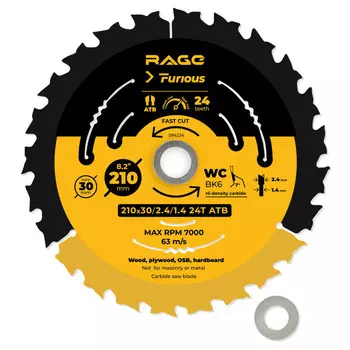 диск пильный RAGE Furious Fast cut по дереву 210х25,4/20/16мм 14 зубьев