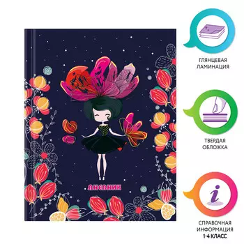 дневник 1-4 класс ЮНЛАНДИЯ Flower Girl 48л твердый глянцевая ламинация