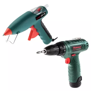 дрель-шуруповерт HAMMER ACD12LE 12В Li-Ion 1,3Ач + пистолет клеевой GN-05 80Вт