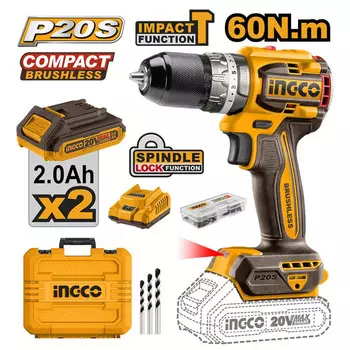 дрель-шуруповерт ударная INGCO CIDLI20602 60Нм 20В Li-Ion 2,0Ач 2КБ