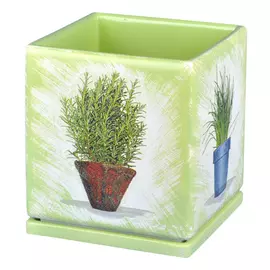 горшок керамический Кубик 20х20 см, 4 л, бело-салатовый с цветком