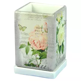 горшок керамический Кубик высокий 12х12 см, 17 см, 1,5 л, бело-серый с розами