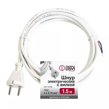 кабель с вилкой 2x0,75 1,5 м. 6 А без выключателя, белый