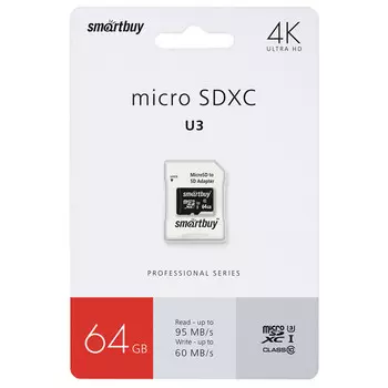 карта памяти micro SDXC SMARTBUY 64GB Class10 PRO s с адаптером SD